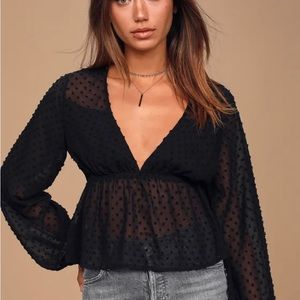 LULU’s Sheer Swiss Dot Peplum Top